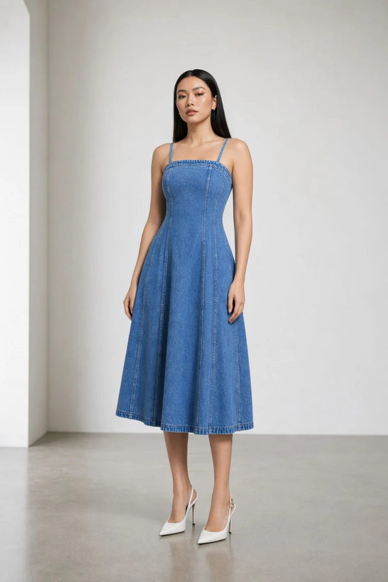 Elodie|100% Cotton Denim Banded Midi Dress