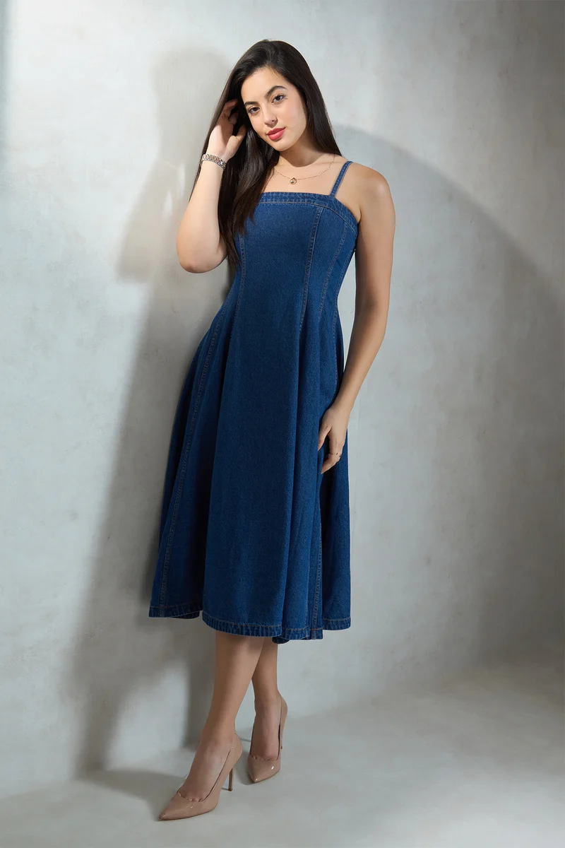 Gabrielle|100% Cotton Denim Banded Flared Dress