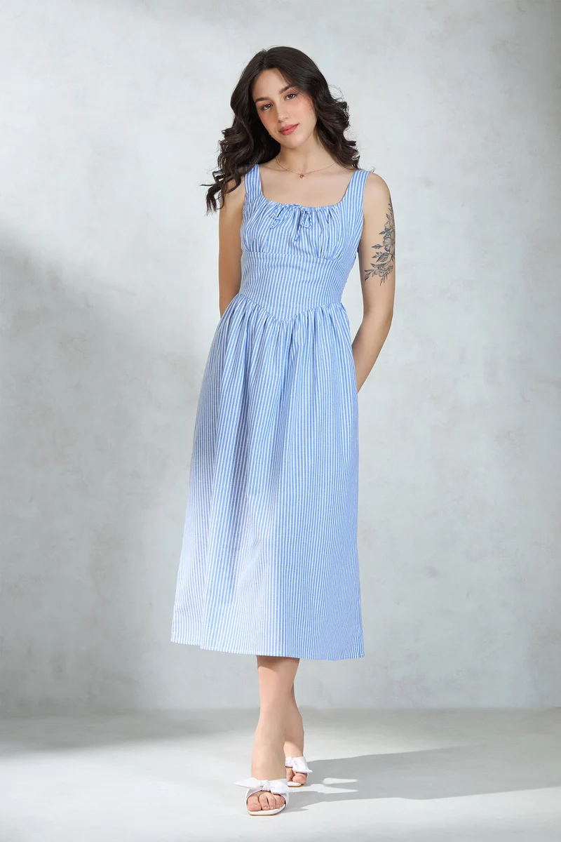 Alanna|100% Cotton Sleeveless Stripe Flare Dress