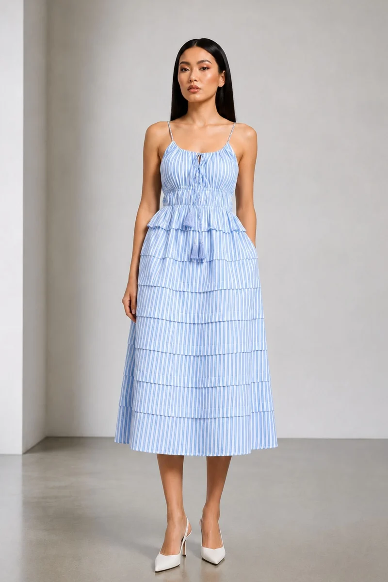 Alessa |100% Cotton Blue Striped Tiered Midi Dress