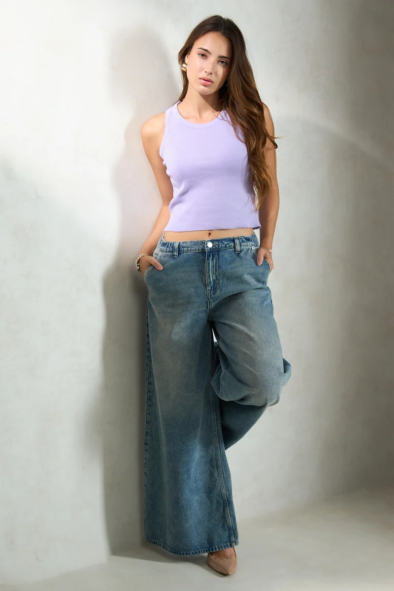 Wren|100% Cotton Denim Wide Leg Low Rise Pants