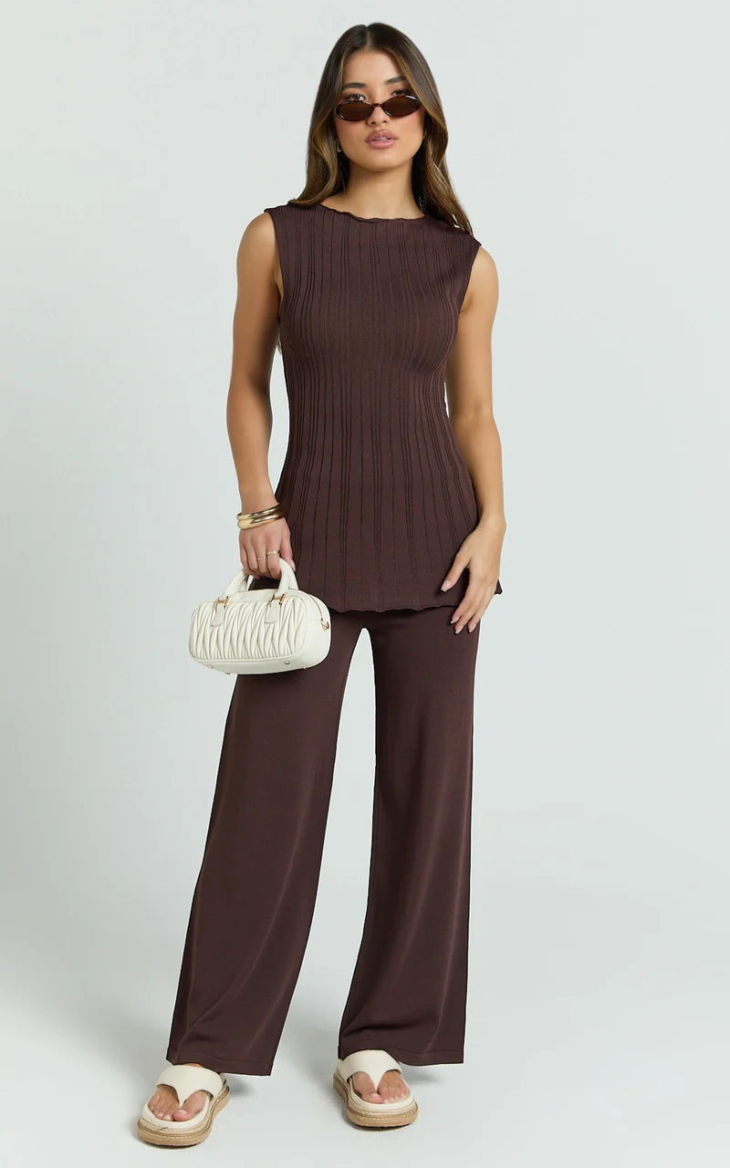 Elodie Two Piece Set - Rib Knit Top and Pant Set in Chocolate