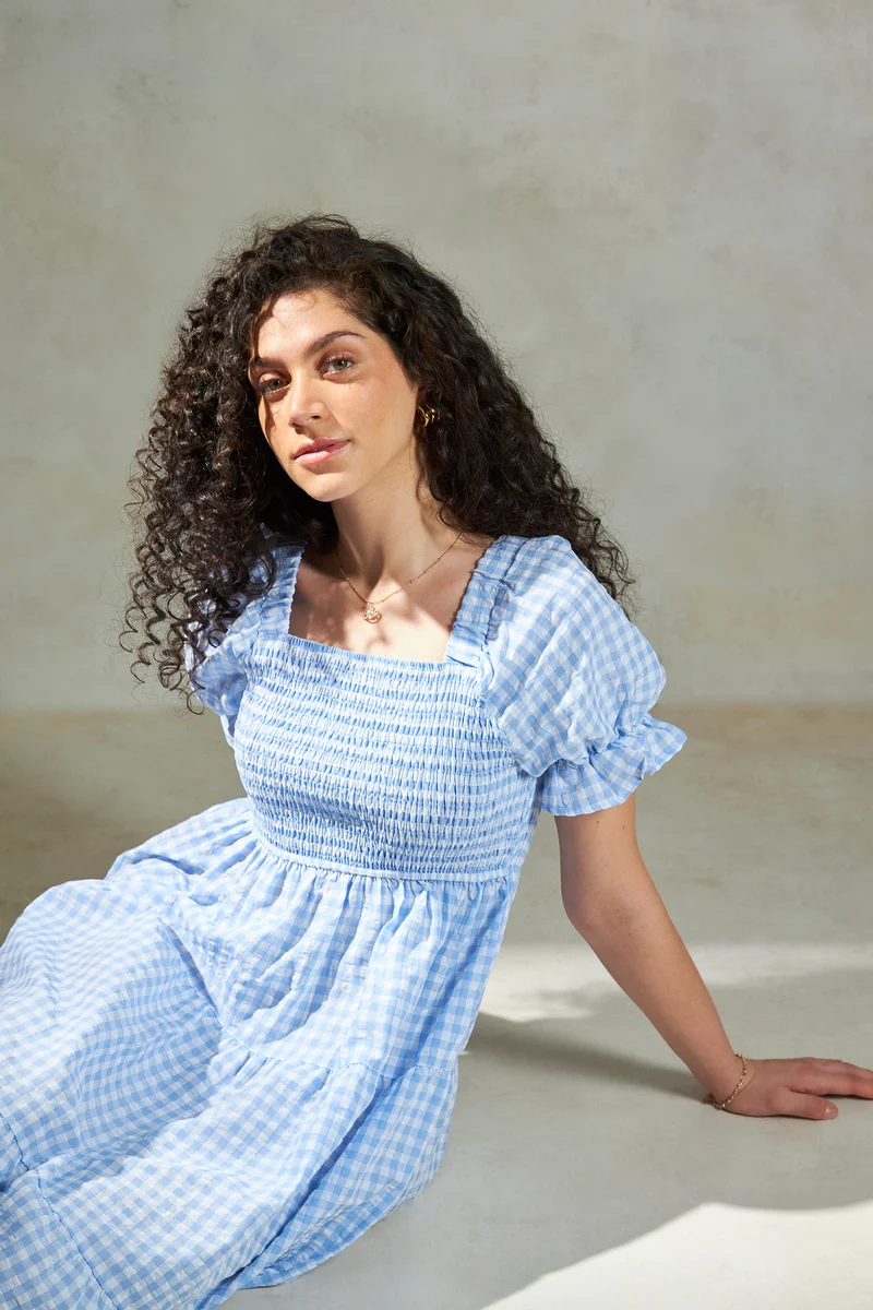 Alasia|100% Cotton Checked Midi Dress