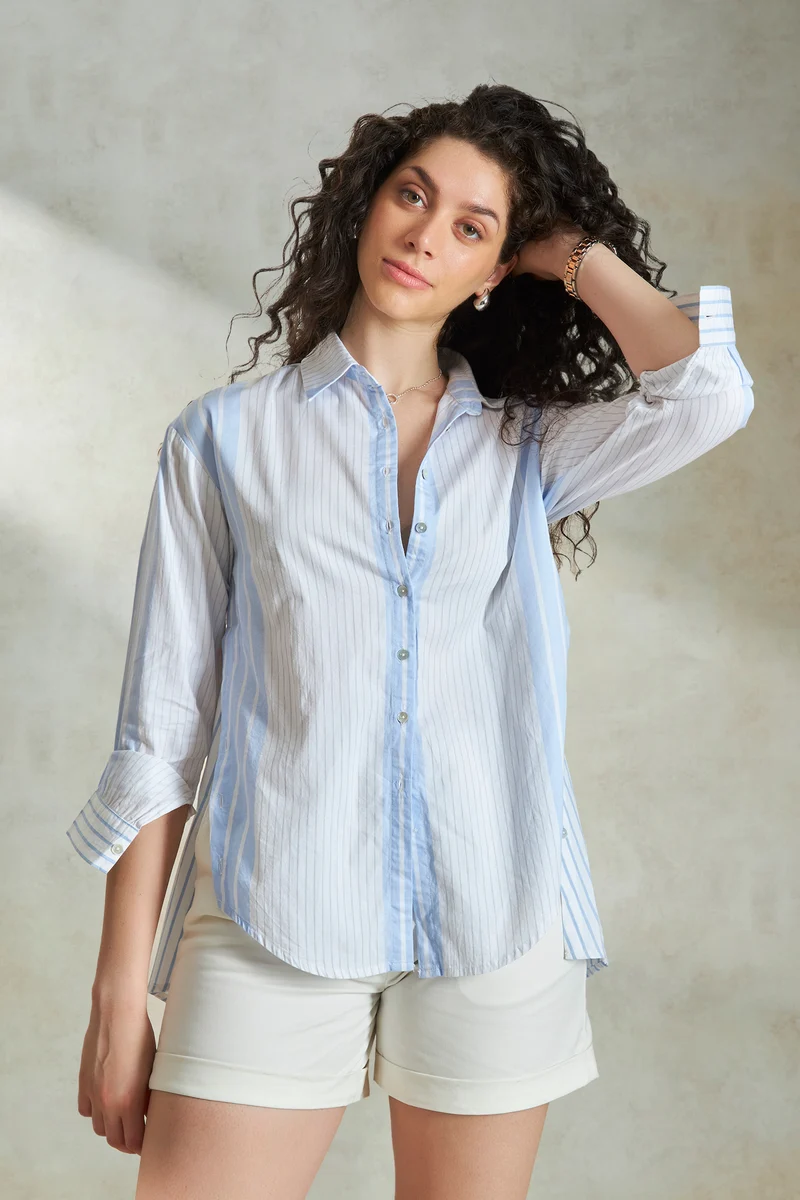 Venessa|100% Cotton Mixed Stripe High-Low Shirt