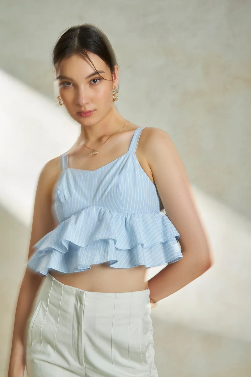 Margo|100% Cotton Striped Frill Hemcami Top