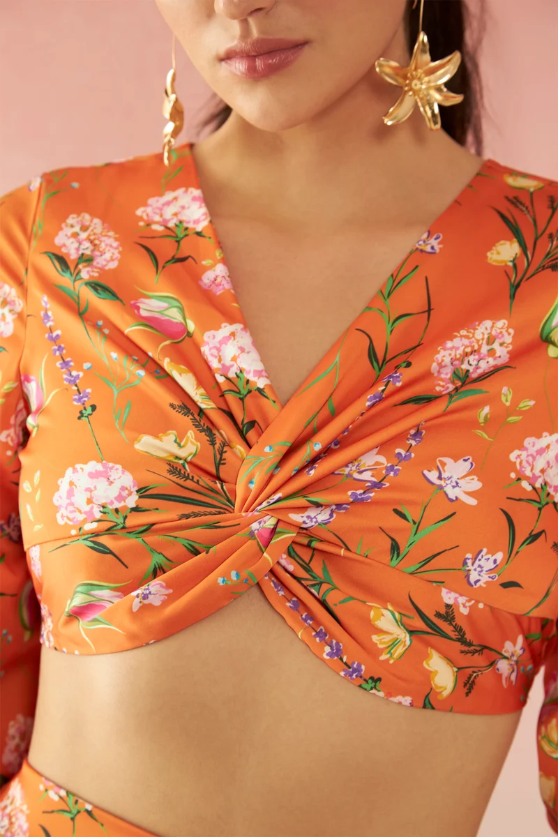 Zinnia Top|Satin Floral Knot Detail V-Neck Top