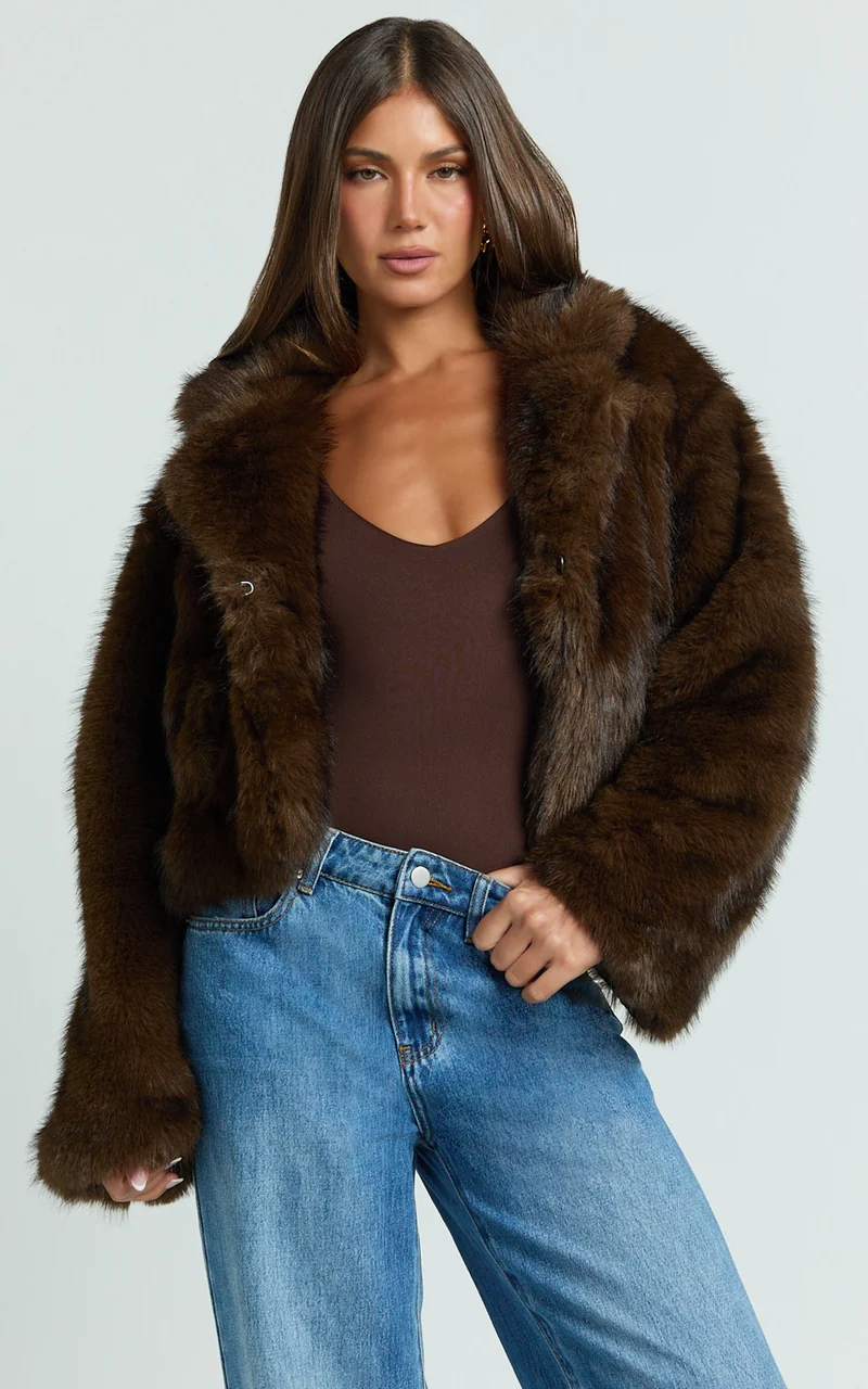 Charisse Coat - Oversized Crop Faux Fur Coat in Coffee
