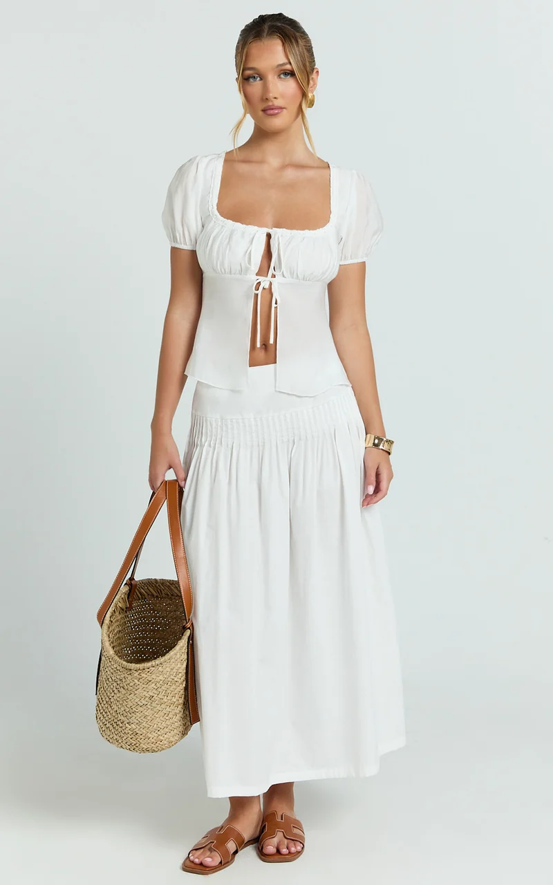Auburn Maxi Skirt - Poplin Pintucked A Line Skirt in Ivory
