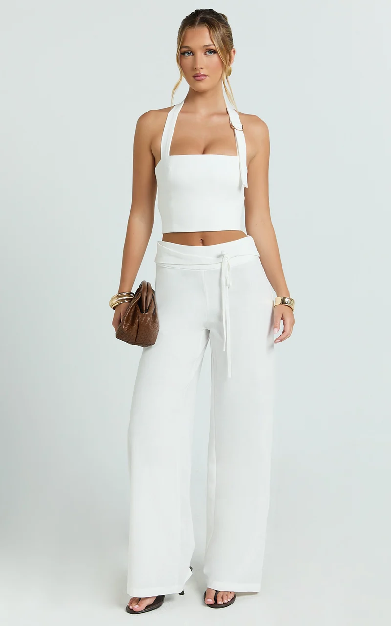 Alva Pants - High Waisted Front Tie Wide Leg Pants in White