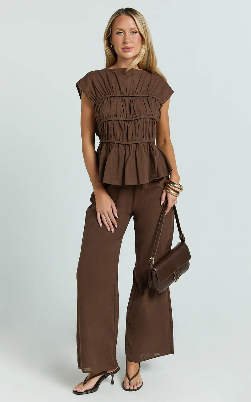 Auric Two Piece Set - Ruched Detail Top and Wide Leg Pants Set in Brown