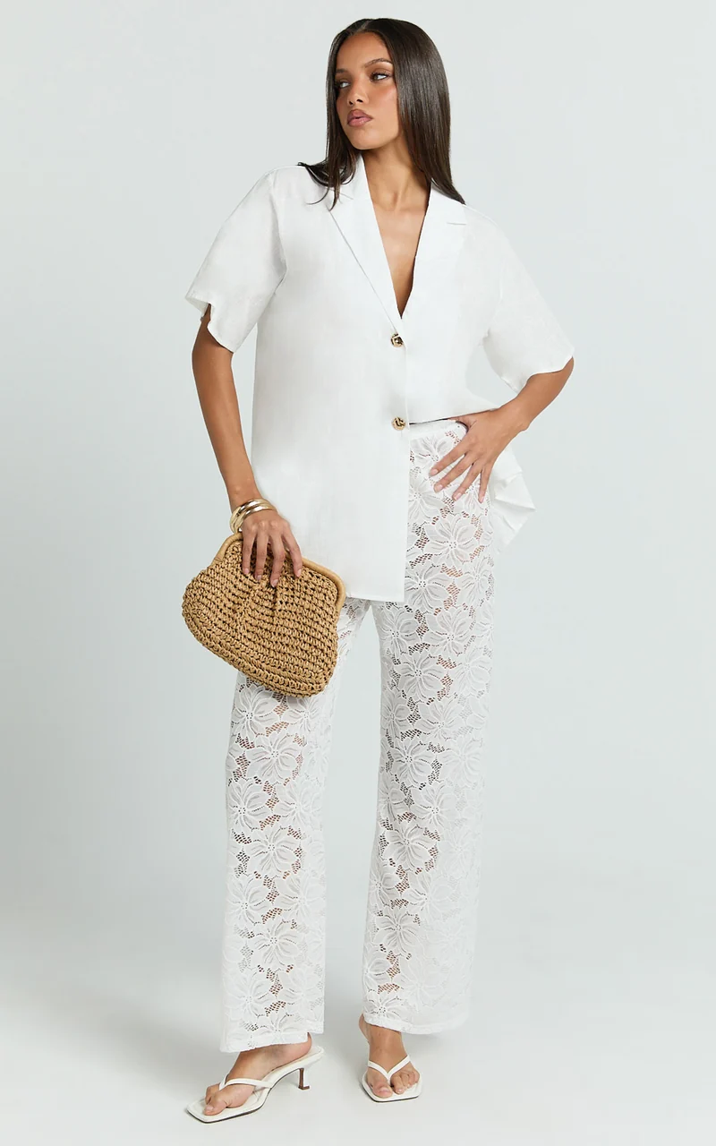 Jemma Two Piece Set - Relaxed Shirt and Lace Pants Set in White
