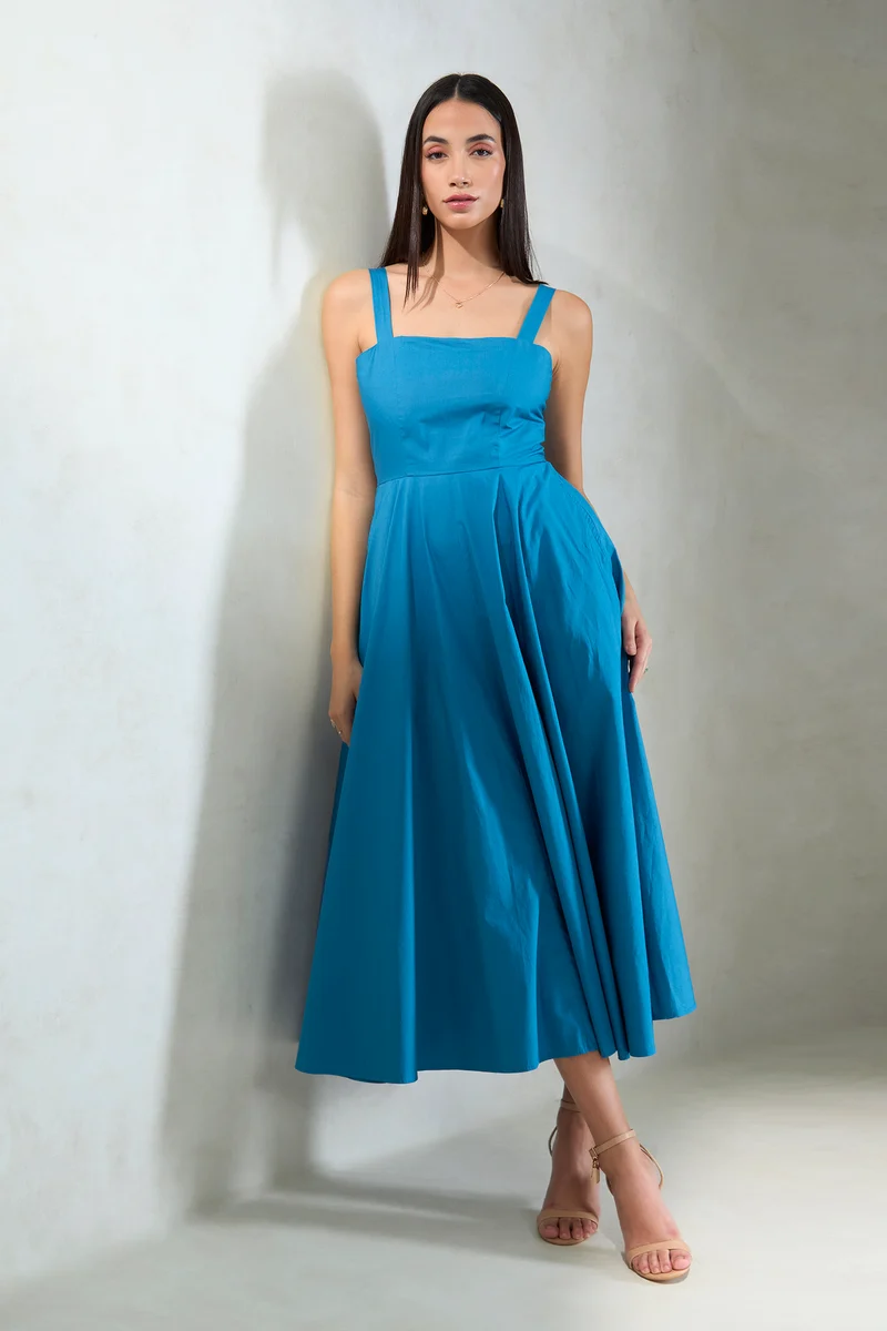 Monali|100% Cotton Back Tie-Up Midi Dress