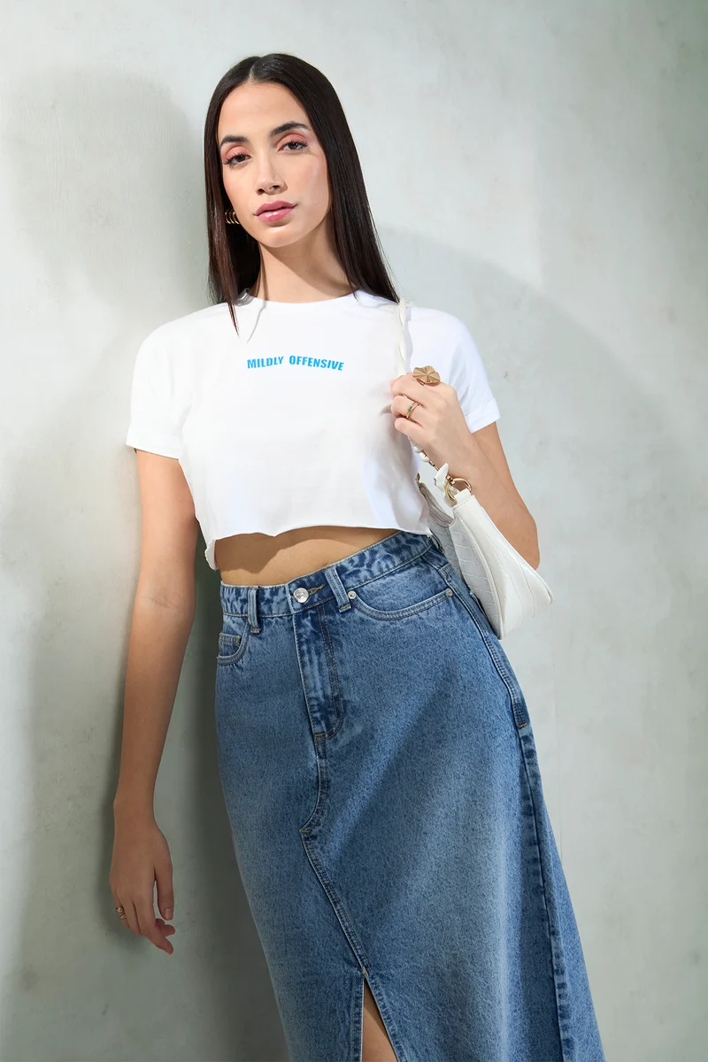 Gaaya|100% Cotton White Knit Boxy Crop Graphic Tee