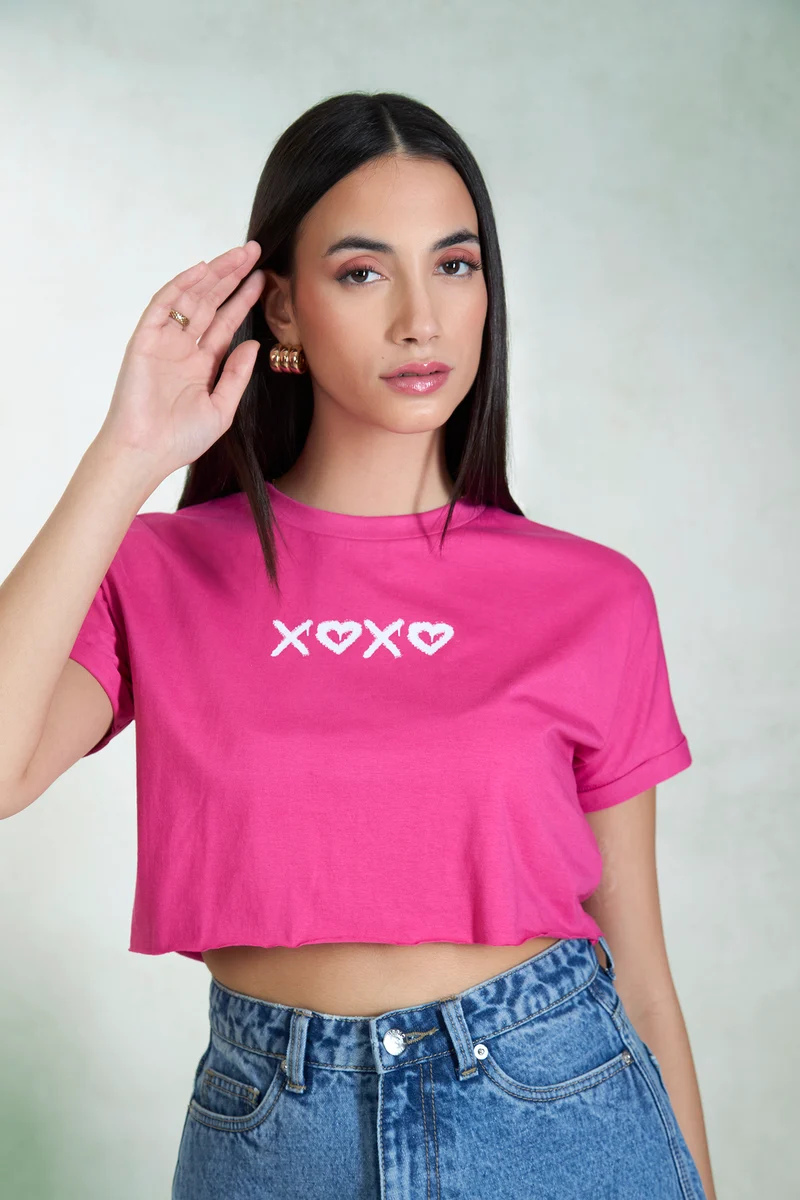Storm|100% Cotton Knit Pink Boxy Crop Graphic Tee
