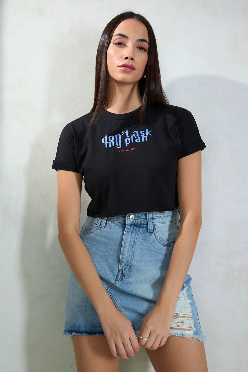Riona|100% Cotton Round Neck Crop Graphic Tee