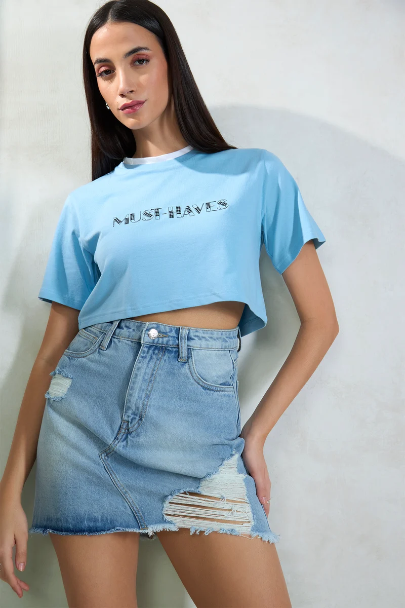 Rinchen|100% Cotton Contrast Neck Crop Graphic Tee