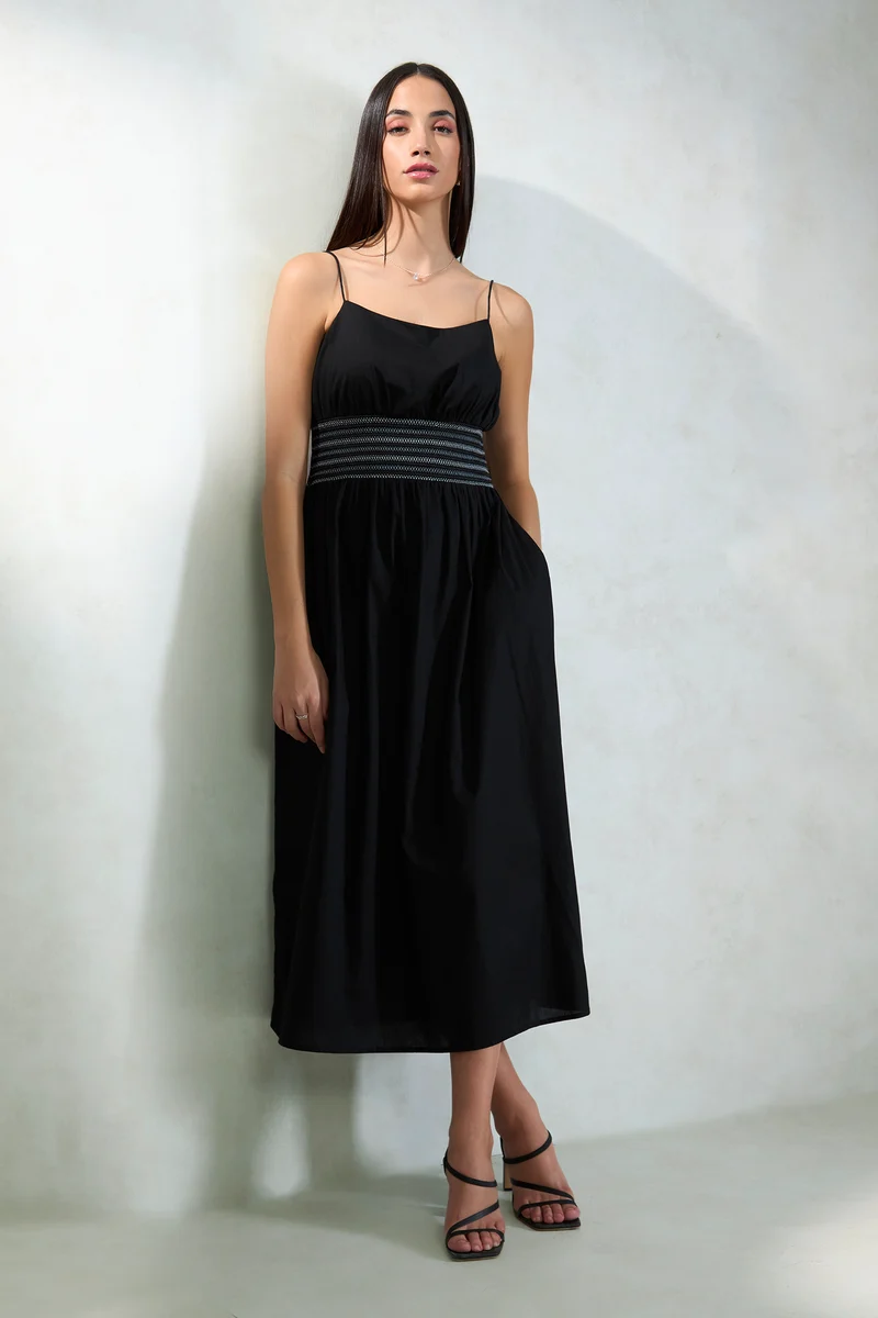 Vaanya|100% Cotton Waist Smocked Midi Dress