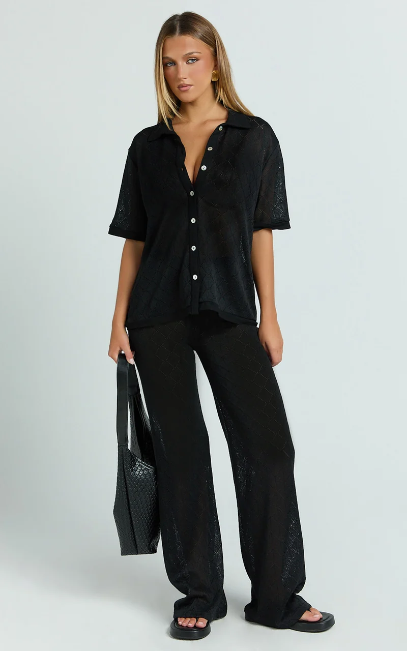 Scarlett Two Piece Top and Pants Set - Knit Button Short Sleeve Shirt and Wide Leg Pant Set in Black
