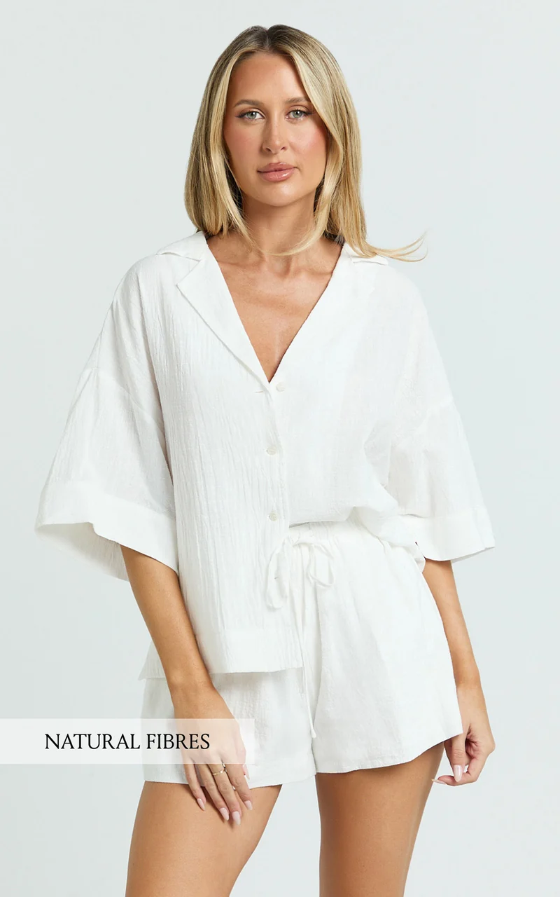 Saina Two Piece Set - Button Through Shirt and Drawstring Shorts Set in White