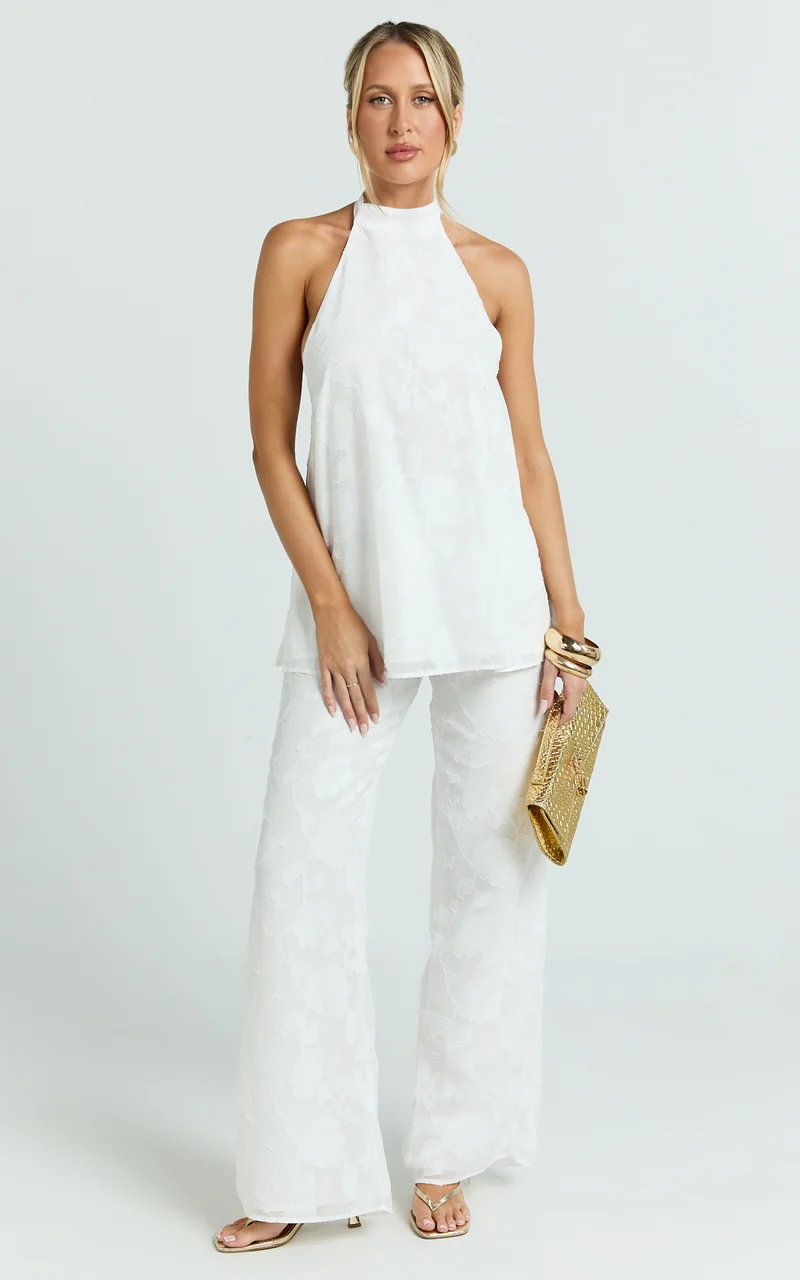 Ziva Two Piece Top and Pants Set - Halter Backless Top And Pants in White