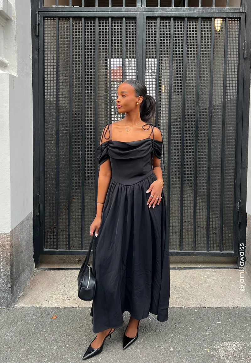 Draped Off Shoulder Corset Midi Dress