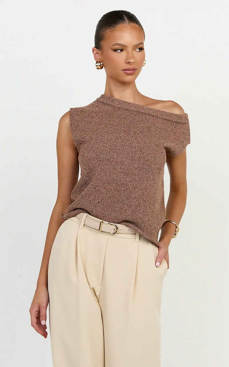 Marilou Top - Knit Off Shoulder Top in Brown