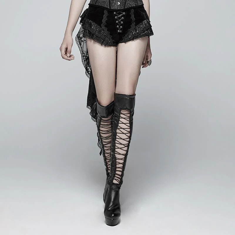 Dam Lolia Lace-up Spetsfåll Sammetsshorts med långa volanger