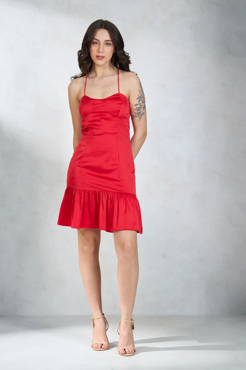 Marilyn|Satin Stretch Ruffle Hem Mini Dress