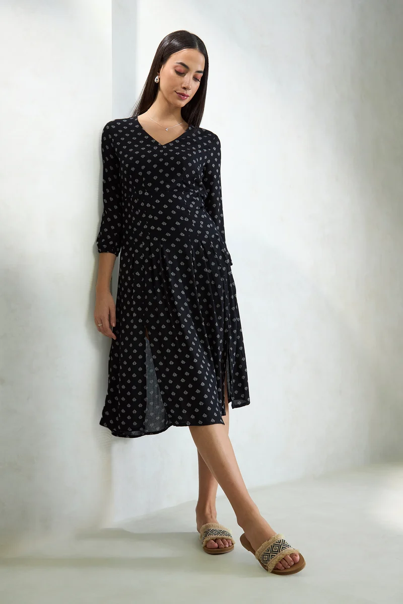 Lydia|100% Viscose Midi Printed Dress With Pocket
