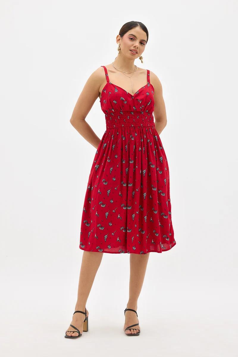 Amelia|100% Viscose Floral Print Smocked Midi Dress