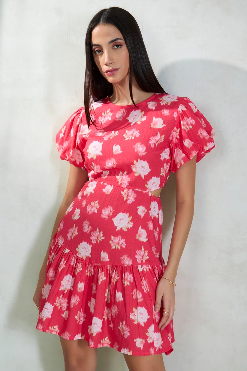 Miley|Linen Coral Cutout Fit And Flare Dress