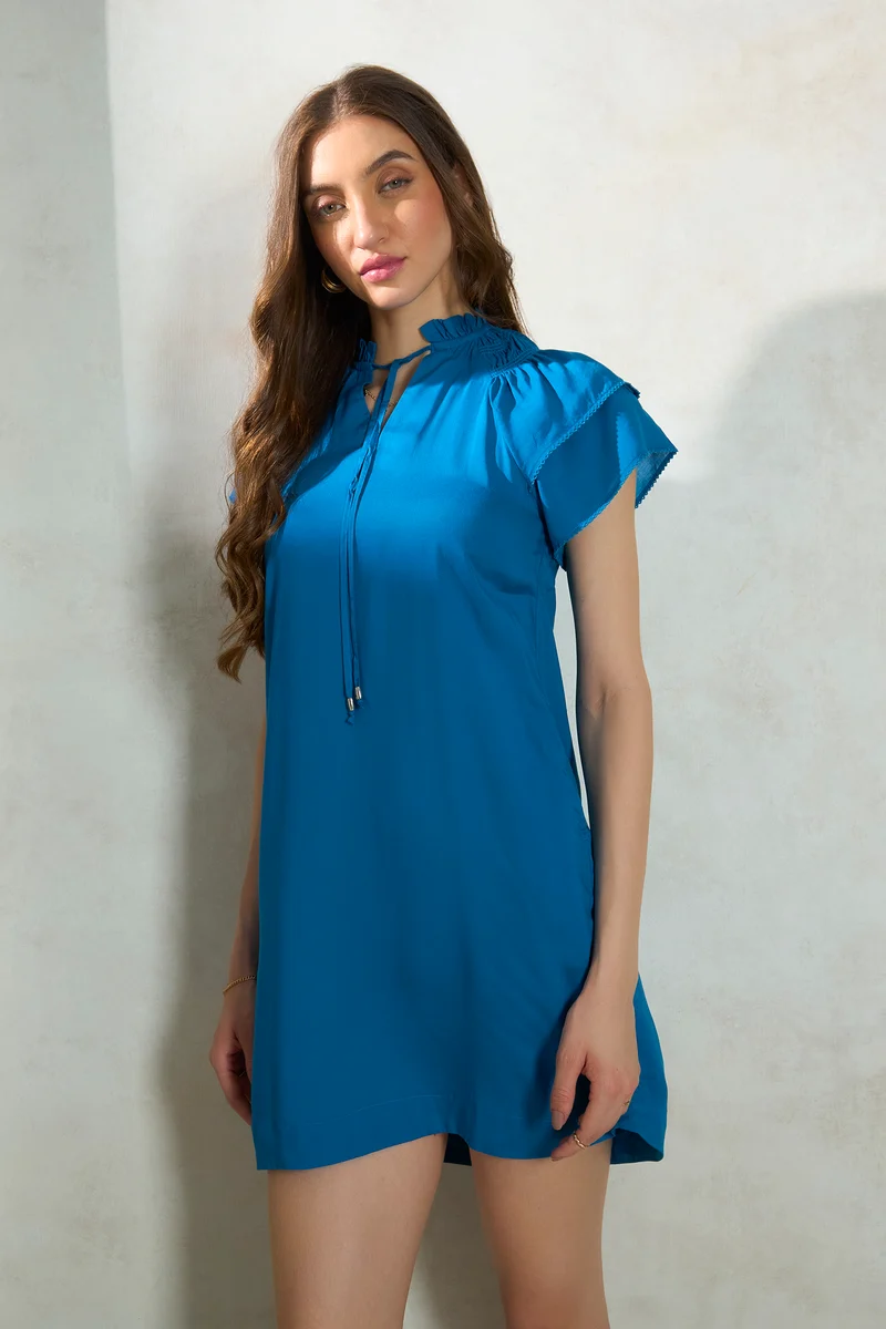 Rebecca|100% Modal Blue Modal Mandarin Collar Dress