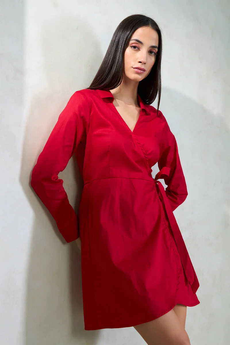 Viha|Cotton Stretch Red Tie-Up Wrap Mini Dress