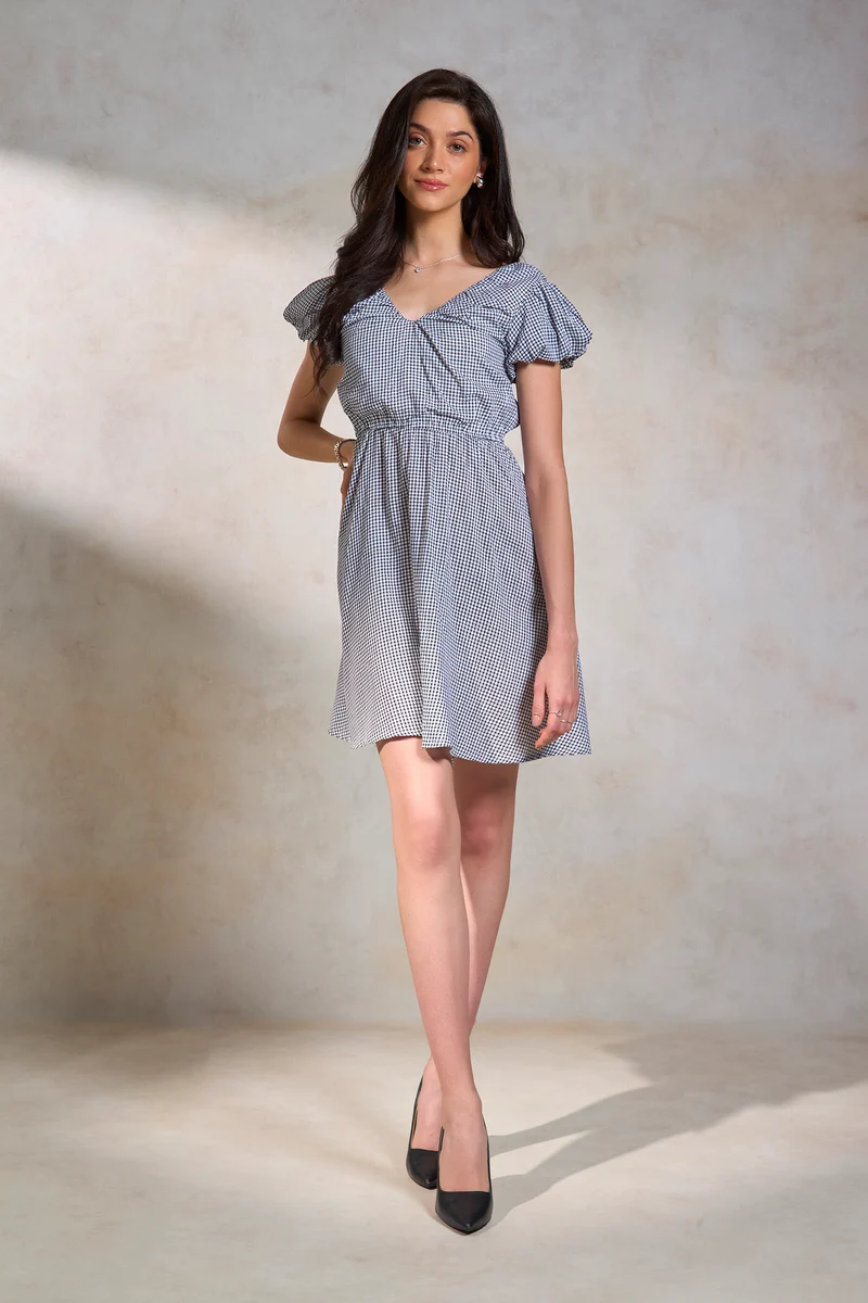 Abiha|Cotton Soft Gingham Back Bow-Tie Dress