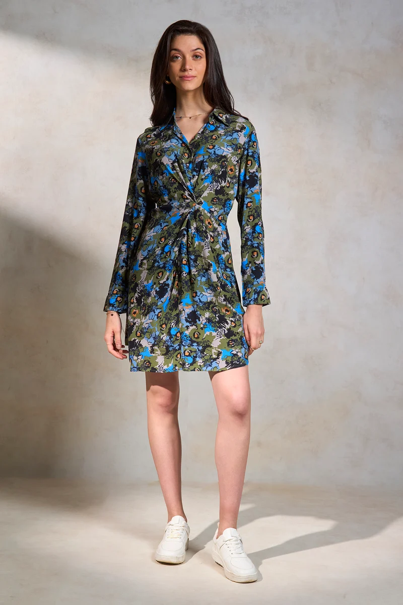 Hana|100% Viscose Draped Shirt Dress