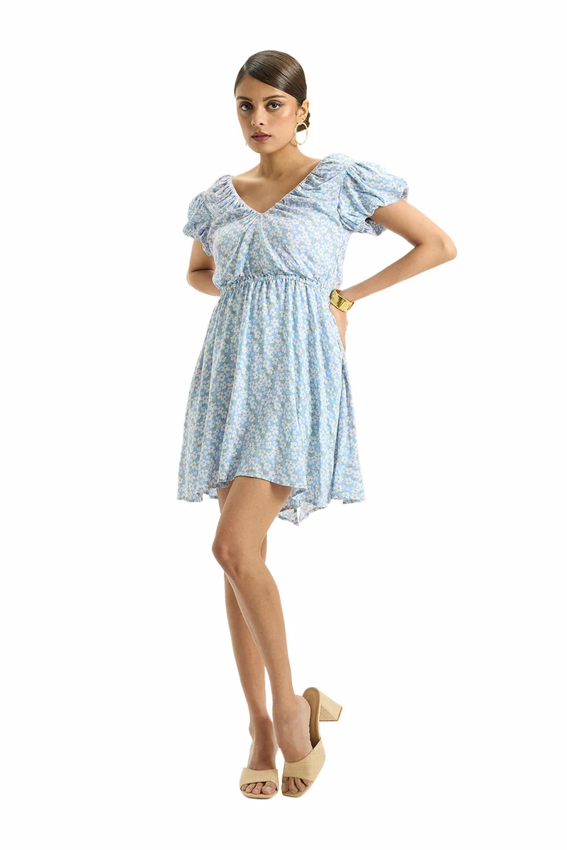 Avani|100% Viscose Blue Ditsy Floral Mini Dress
