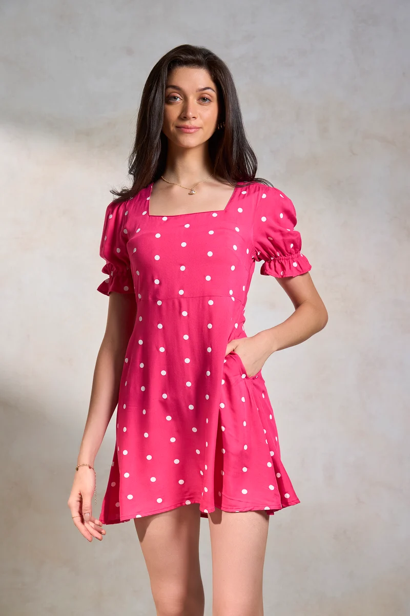 Amlan|100% Viscose Pink Polka Puff Sleeve Dress