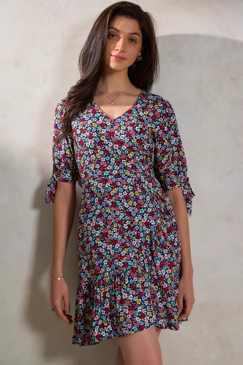 Alaya|100% Viscose Black Floral Frill A-Line Dress