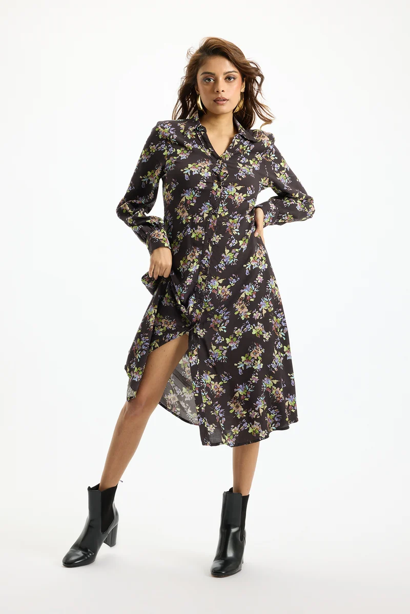 Veera|100% Viscose Floral Print Shirt Midi Dress