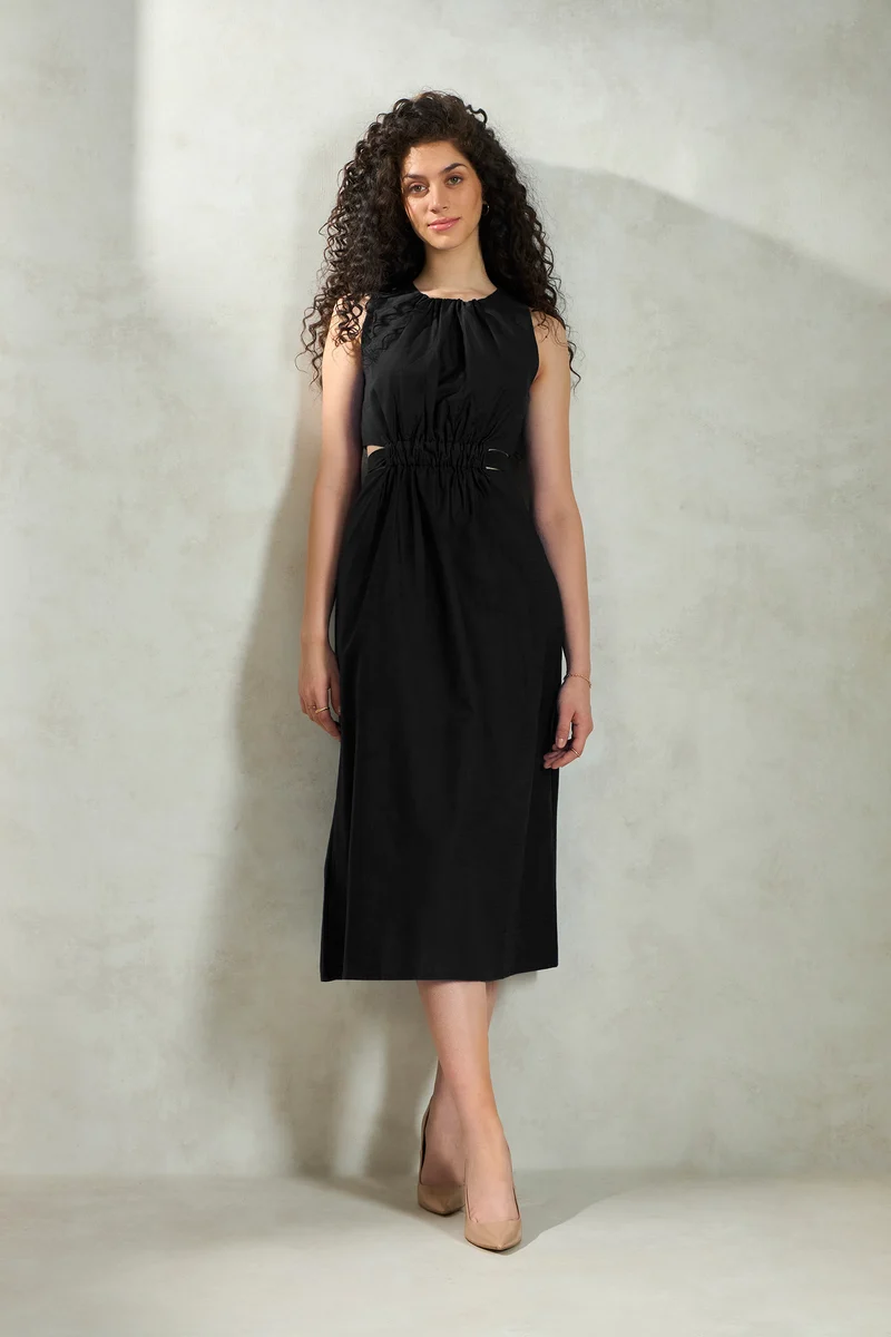 Alexis|100% Cotton Elastic Waist Cutout Midi Dress