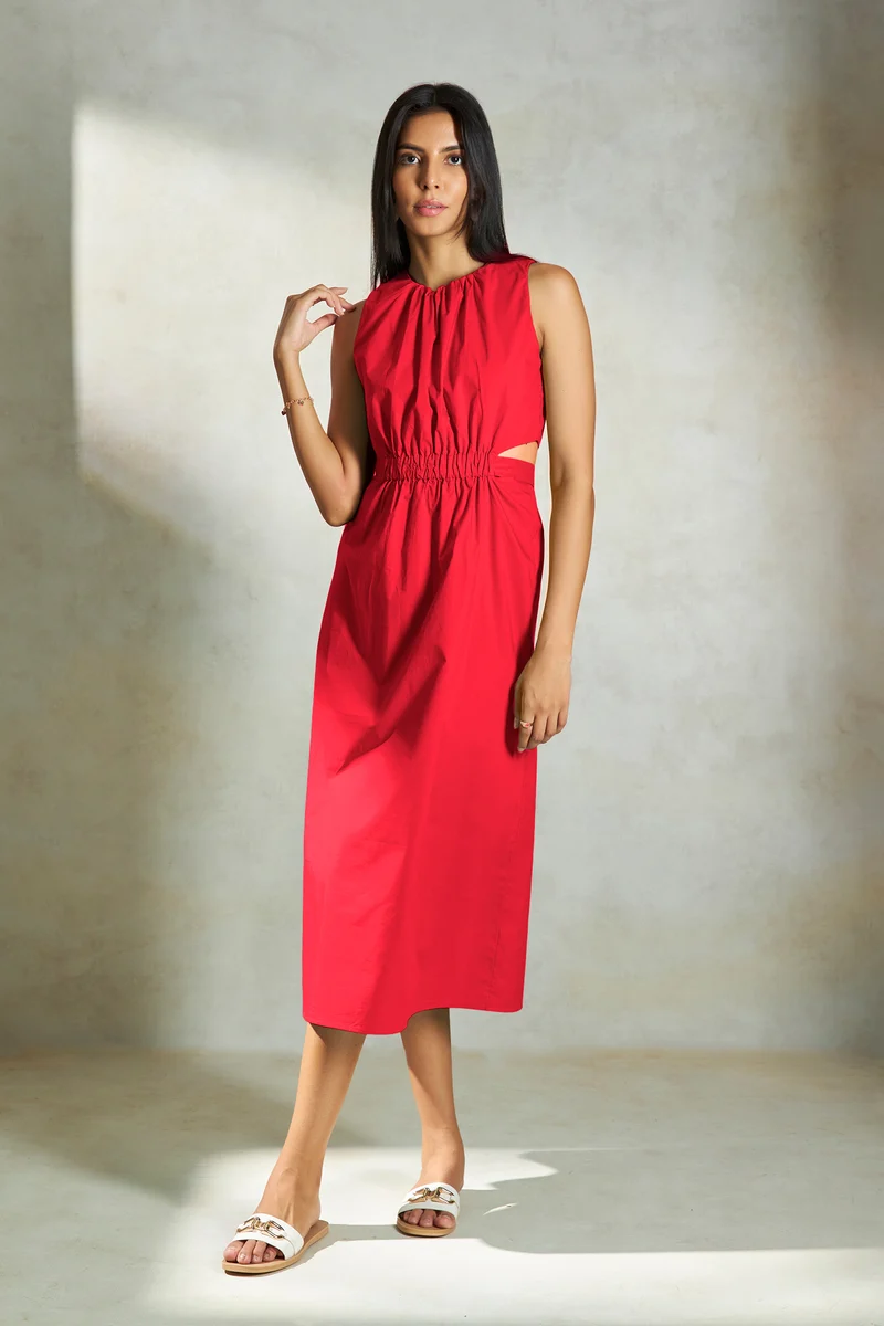 Roselle|100% Cotton Elastic Waist Cutout Midi Dress