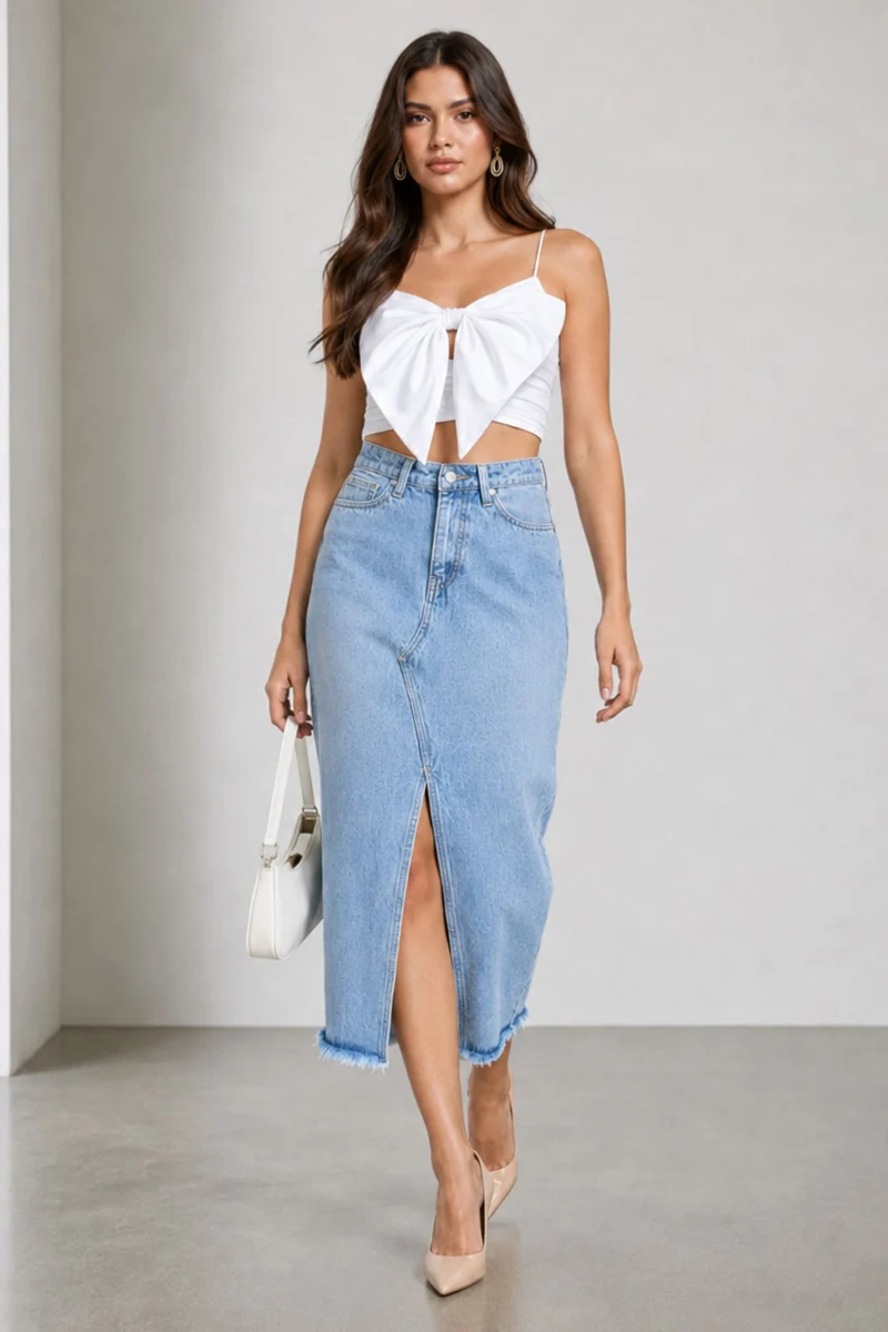Akari|100% Cotton Denim Frayed Midi Skirt