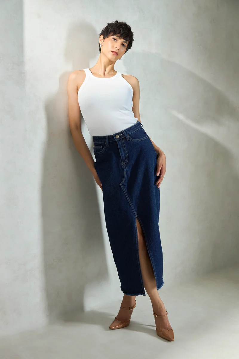 Eloise|100% Cotton Denim Skirt With Front Slit