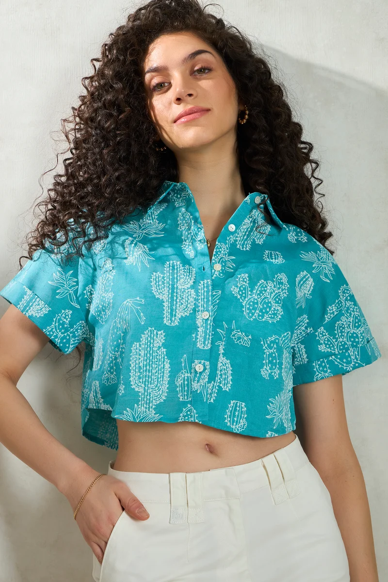 Indigo|Linen Printed Crop Boxy Shirt