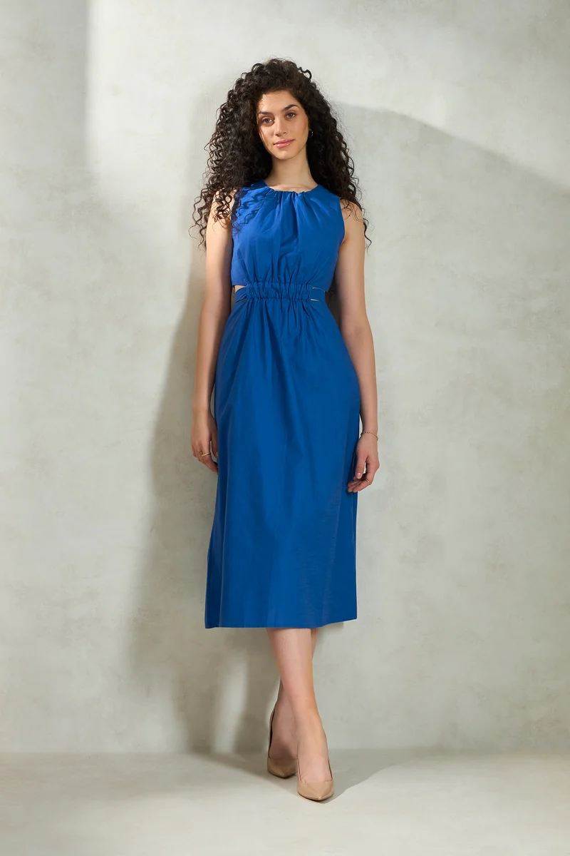River|100% Cotton Gathered Waist A-Line Midi Dress