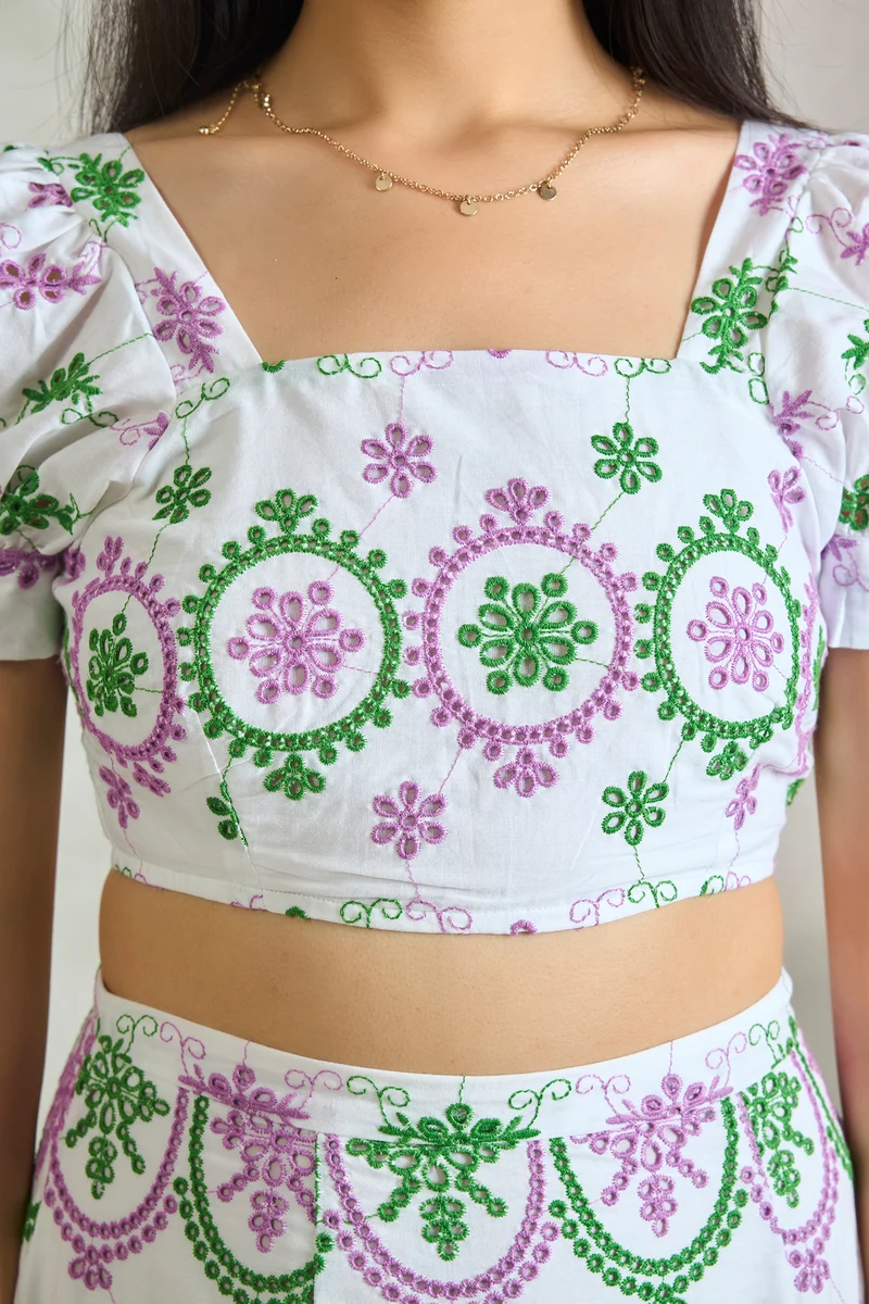 Bryony Top|100% Cotton Schiffli Crop Top With Puff Sleeves