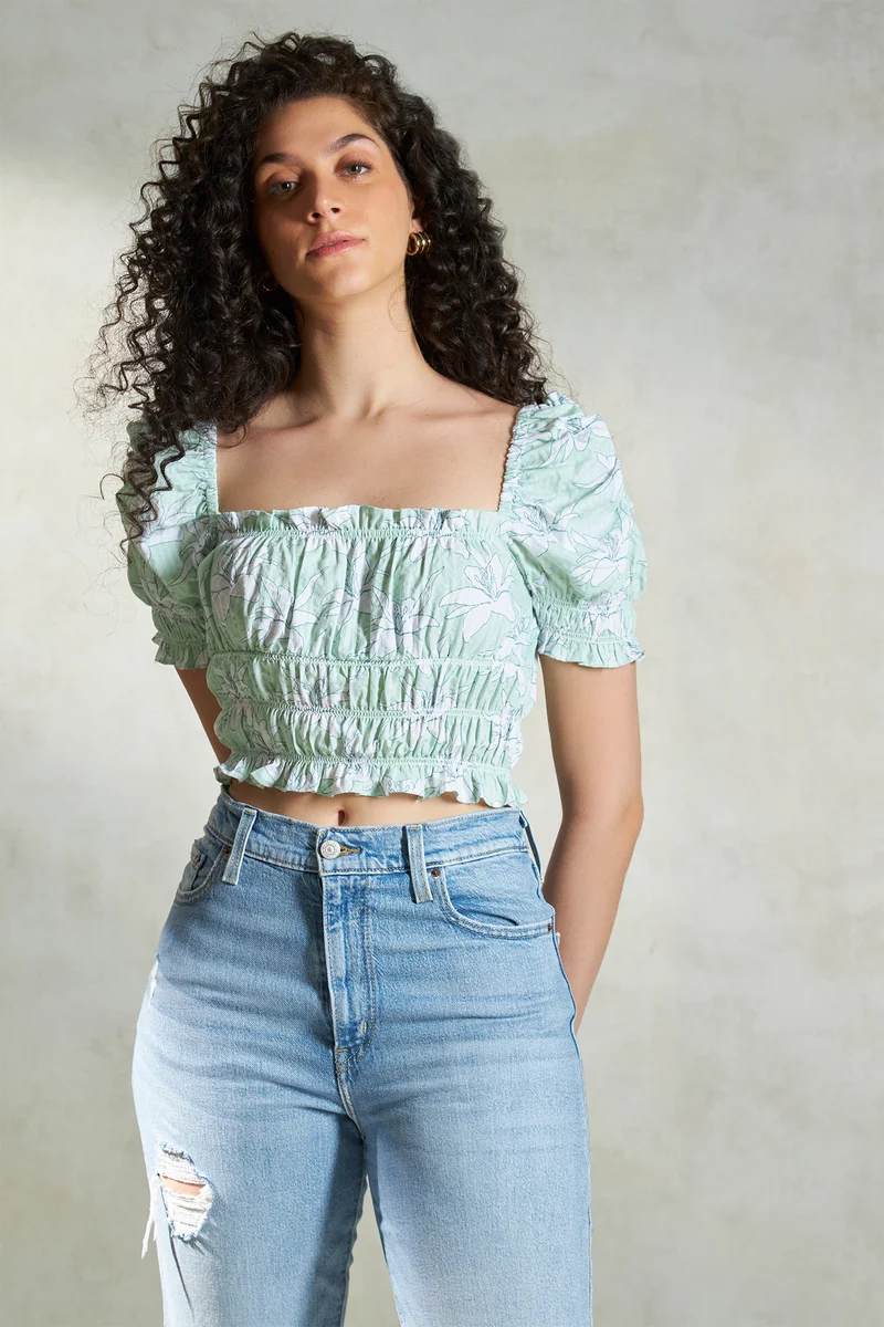 Melanie|100% Cotton Green Floral Bustier Crop Top
