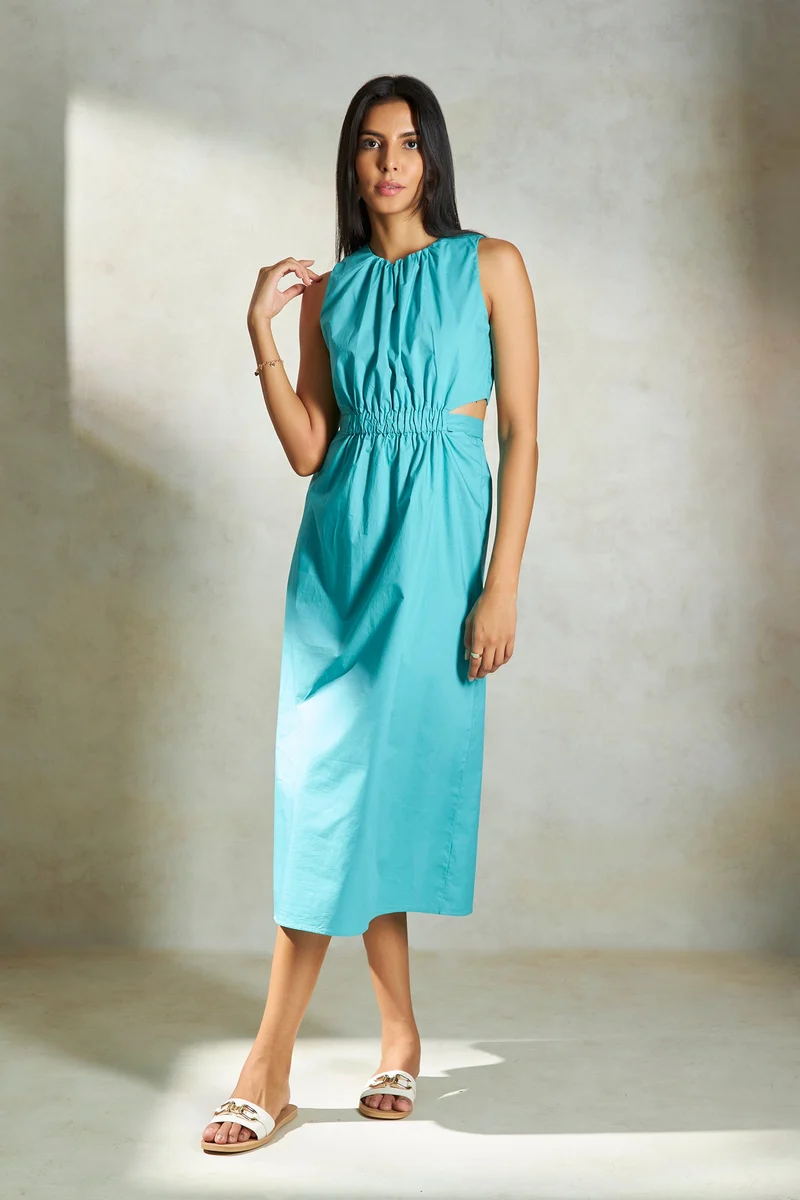 Michelle|100% Cotton Elastic Waist Cutout Midi Dress