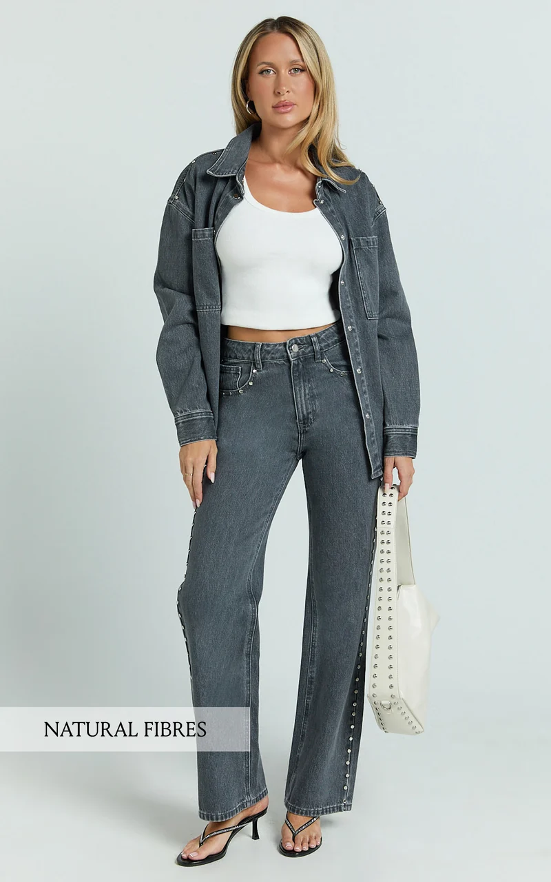 Emmie Jeans - Mid Rise Straight Leg Stud Detail Denim Jeans in Dark Grey
