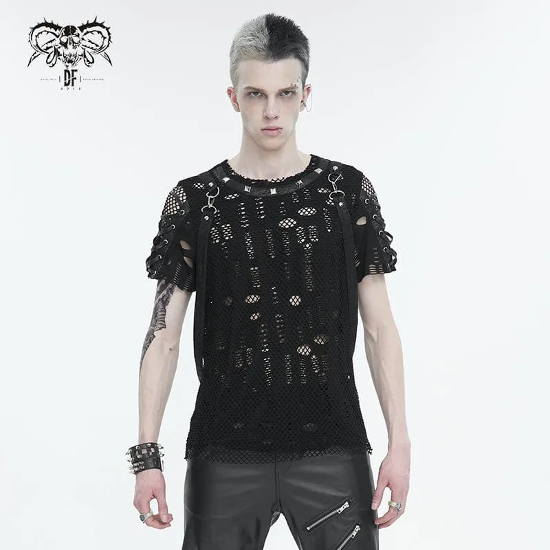 Punk Ripped Strap Mesh T-shirt för män